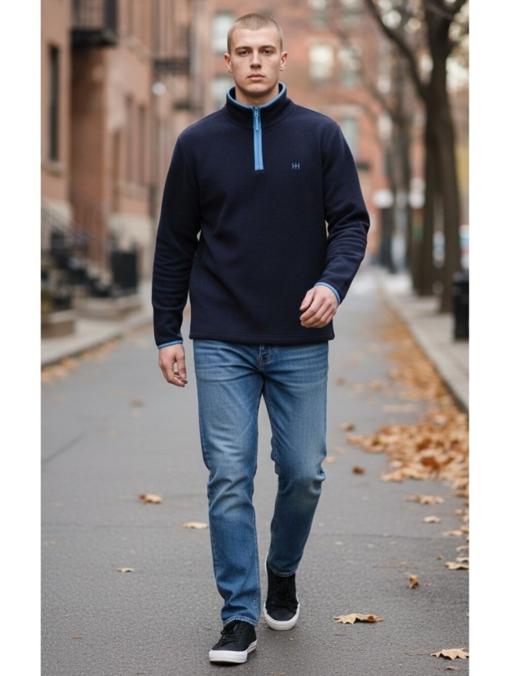 NEW Hudson North Half Zipper Fleece Sweatshirt Navy  with Bluestone Piping Large